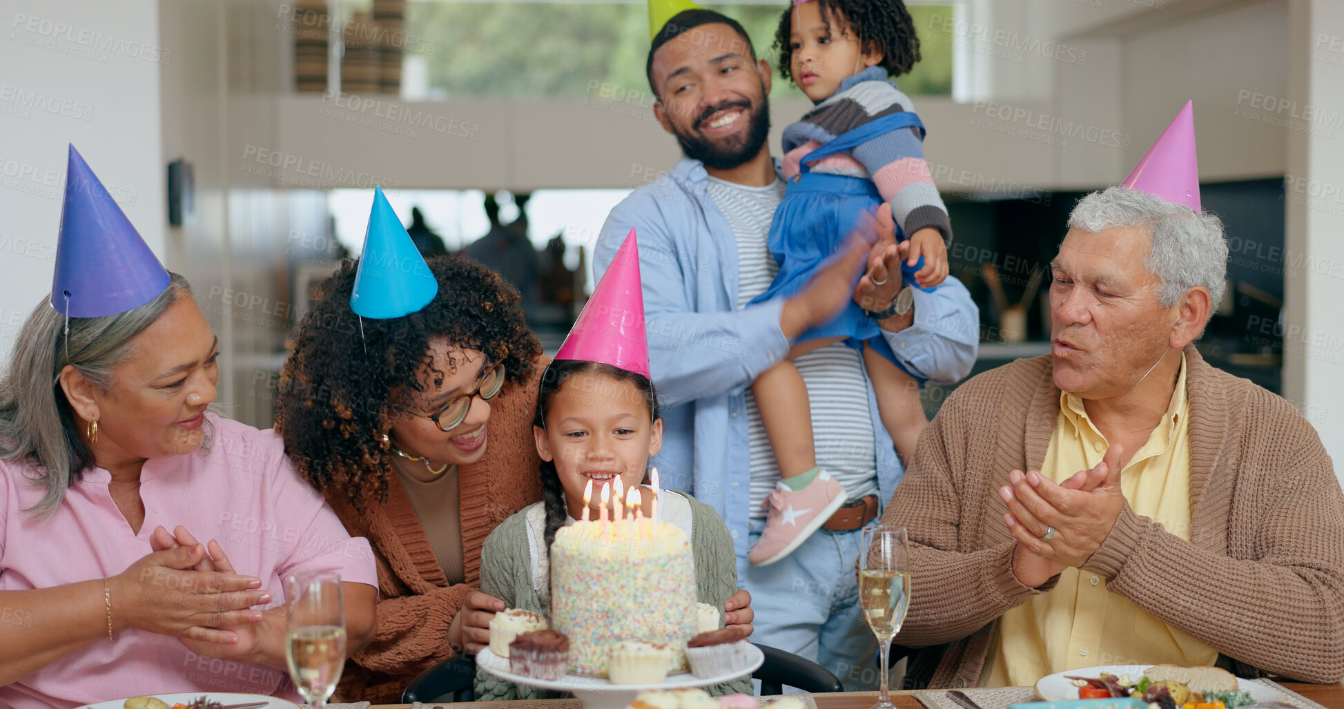 Buy stock photo Birthday cake, children and family with grandparents for celebration, party and singing, clapping and love. Happy interracial people, mother and father or kids make wish with holiday candles at home