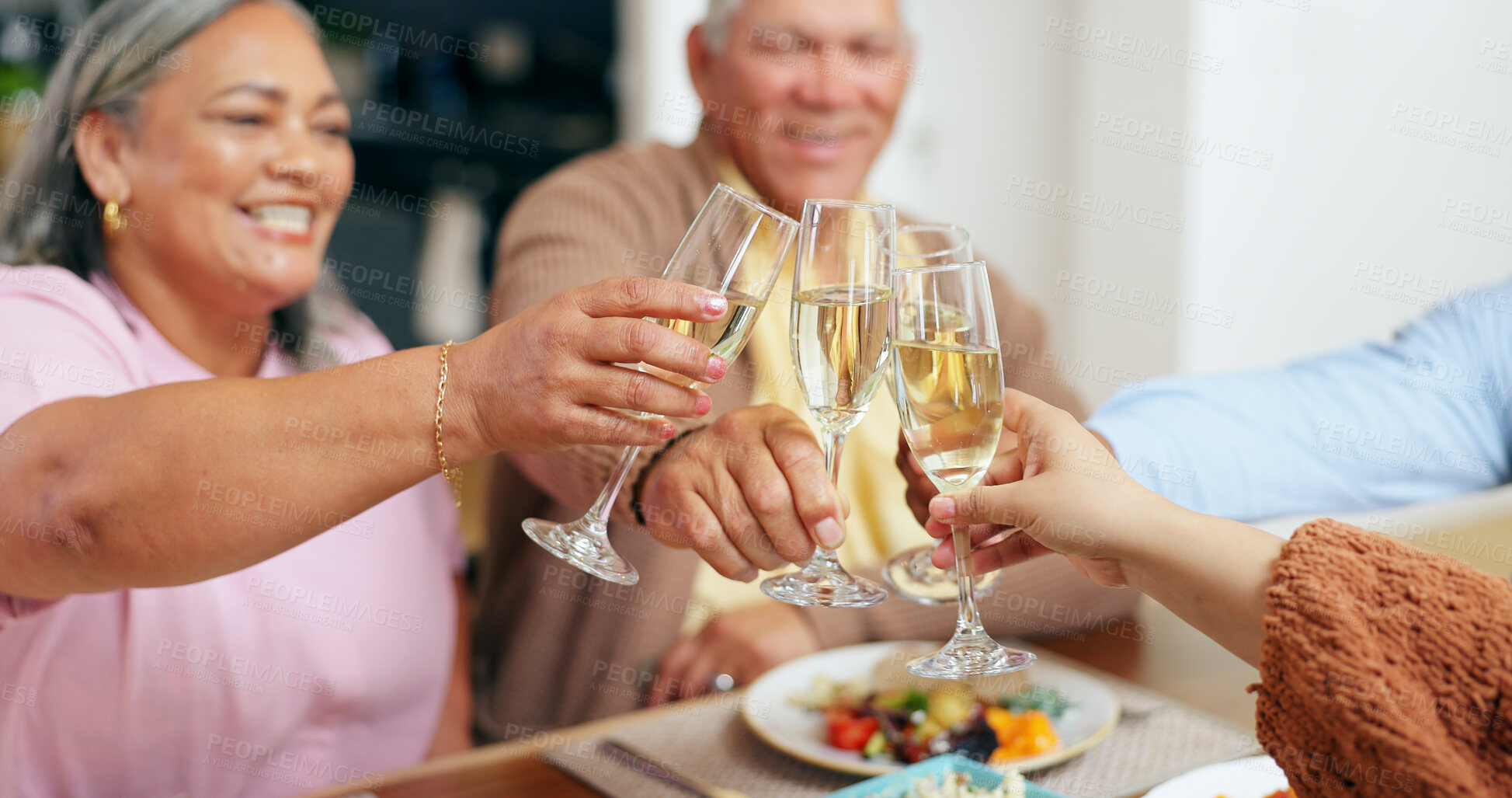 Buy stock photo Family, hands and champagne toast for holiday celebration, thanksgiving and thank you or congratulations. Happy senior people with wine glasses, drinks or alcohol for party, lunch and success at home