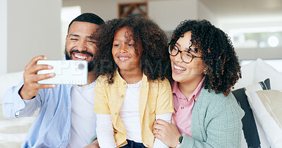 Buy stock photo Happy family in selfie with kid in home, bonding together for love or memory on sofa. Photography, face and parents with girl child on couch in living room with smile, relax with mom and dad in house