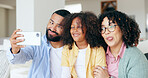 Happy family in funny selfie with girl in home, bonding together for love and memory on sofa. Photography, crazy face and parents with child in living room with smile to relax with mom, dad and kid.