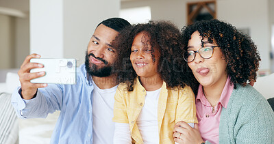 Buy stock photo Happy family in funny selfie with girl in home, bonding together for love and memory on sofa. Photography, crazy face and parents with child in living room with smile to relax with mom, dad and kid.