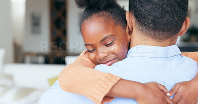 Buy stock photo Girl, father and hug in closeup, back and family home with welcome, reunion and smile with love in living room. African daughter, dad and embrace with care, happy and bonding in lounge at apartment