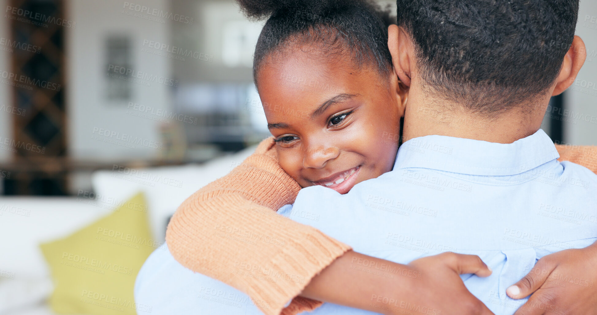 Buy stock photo Girl, dad and hug in closeup, back and family home with welcome, reunion and smile with love in living room. African daughter, father and embrace with care, happy and bonding in lounge at apartment