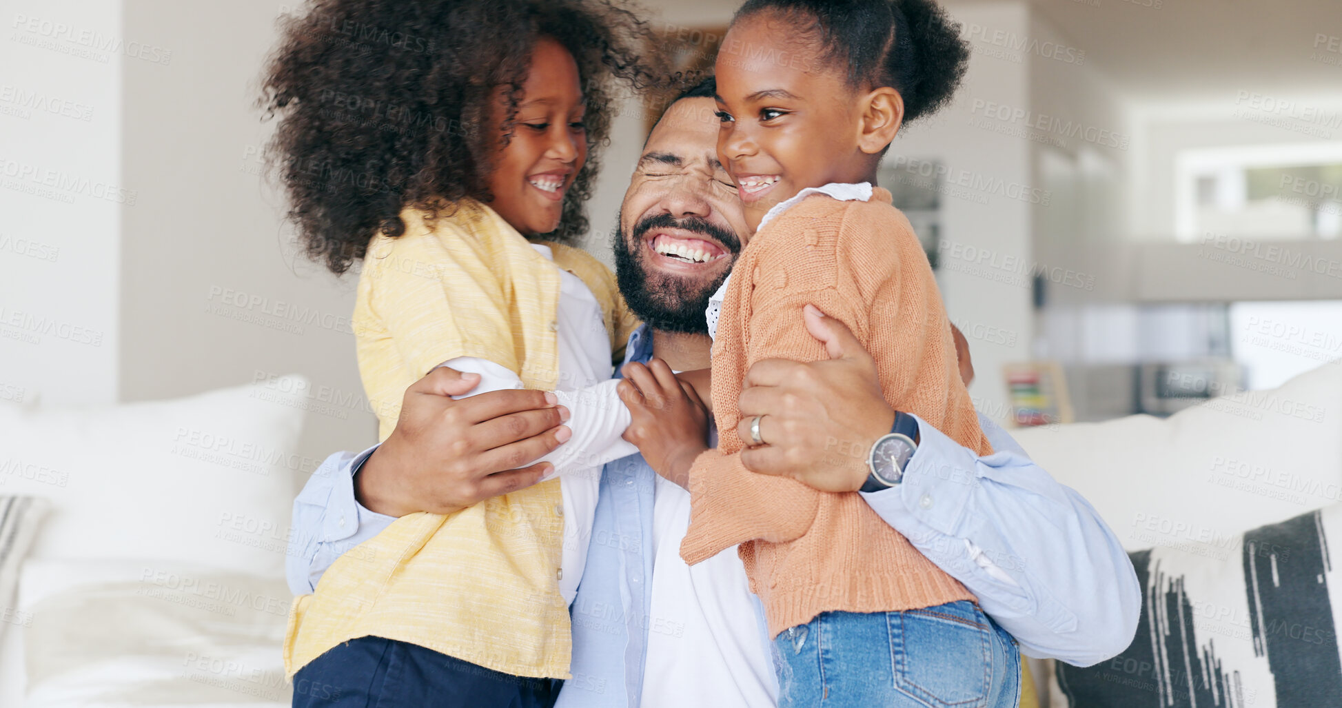 Buy stock photo Happy family, dad and kids in home, hug and bonding together for love or memory on sofa. Support, trust and face of man with children in living room with smile, relax playing with father in house.