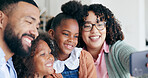 Happy family in selfie with children in home, bonding together for love and memory on sofa. Photography, face and parents with kids in living room with smile, relax with mom and dad in apartment.