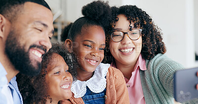 Buy stock photo Happy family in selfie with children in home, bonding together for love and memory on sofa. Photography, face and parents with kids in living room with smile, relax with mom and dad in apartment.