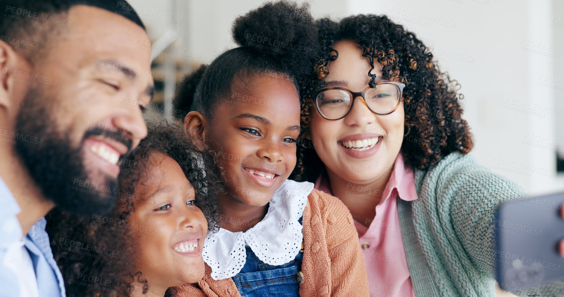 Buy stock photo Happy family in selfie with children in home, bonding together for love and memory on sofa. Photography, face and parents with kids in living room with smile, relax with mom and dad in apartment.