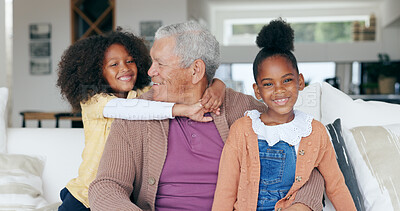 Buy stock photo Happy, sofa and portrait of grandfather with children for bonding, relationship and relax at home. Family, love and young girls embrace grandpa for love, care and affection in living room on weekend