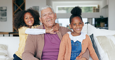 Buy stock photo Portrait, happy and grandfather on sofa with children for bonding, relationship and relax at home. Family, love and young girls embrace grandpa for love, care and affection in living room on weekend