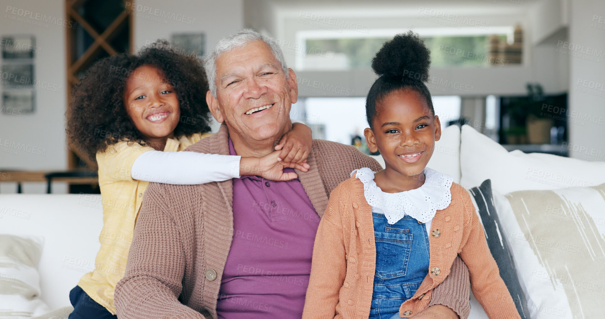 Buy stock photo Portrait, happy and grandfather on sofa with children for bonding, relationship and relax at home. Family, love and young girls embrace grandpa for love, care and affection in living room on weekend