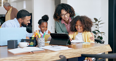 Buy stock photo Parents, children and e learning with tablet, laptop and support for education, development and study at desk. Mother, father and kids with computer, online course and home school in family house