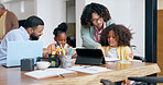 Parents, kids and e learning with tablet, laptop and support for education, development and study at desk. Mother, father and children with computer, online course and home school in family house