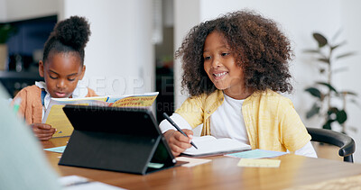 Kids, e learning and tablet with writing, book and reading for education, development and study at desk. Children, touchscreen and notebook with smile, online course and home school in family house