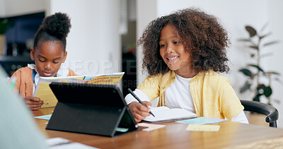 Buy stock photo Kids, e learning and tablet with writing, book and reading for education, development and study at desk. Children, touchscreen and notebook with smile, online course and home school in family house