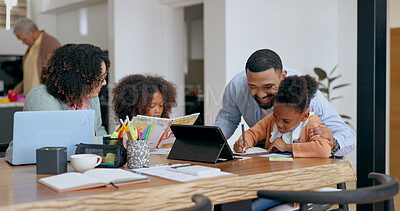 Buy stock photo Parents, kids and e learning with tablet, writing and support for education, development and studying at desk. Mother, father and children with computer, online course and home school in family house