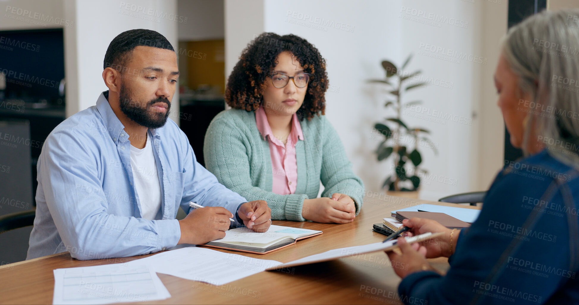 Buy stock photo Couple, discussion and lawyer with documents for real estate, property investment or loan application and listen. People, man and woman with advisor, paperwork and instructions for legal deal or will