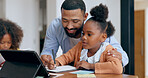 Father, kids and book for writing, teaching and tablet with support for education, development or studying at desk. Dad, children and help with language, online course and home school in family house