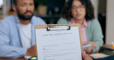 Buy stock photo Closeup, hand and last will for document in office for testament, insurance or future planning. Funeral, death and preparation of married couple in home for protection, security of safety of family