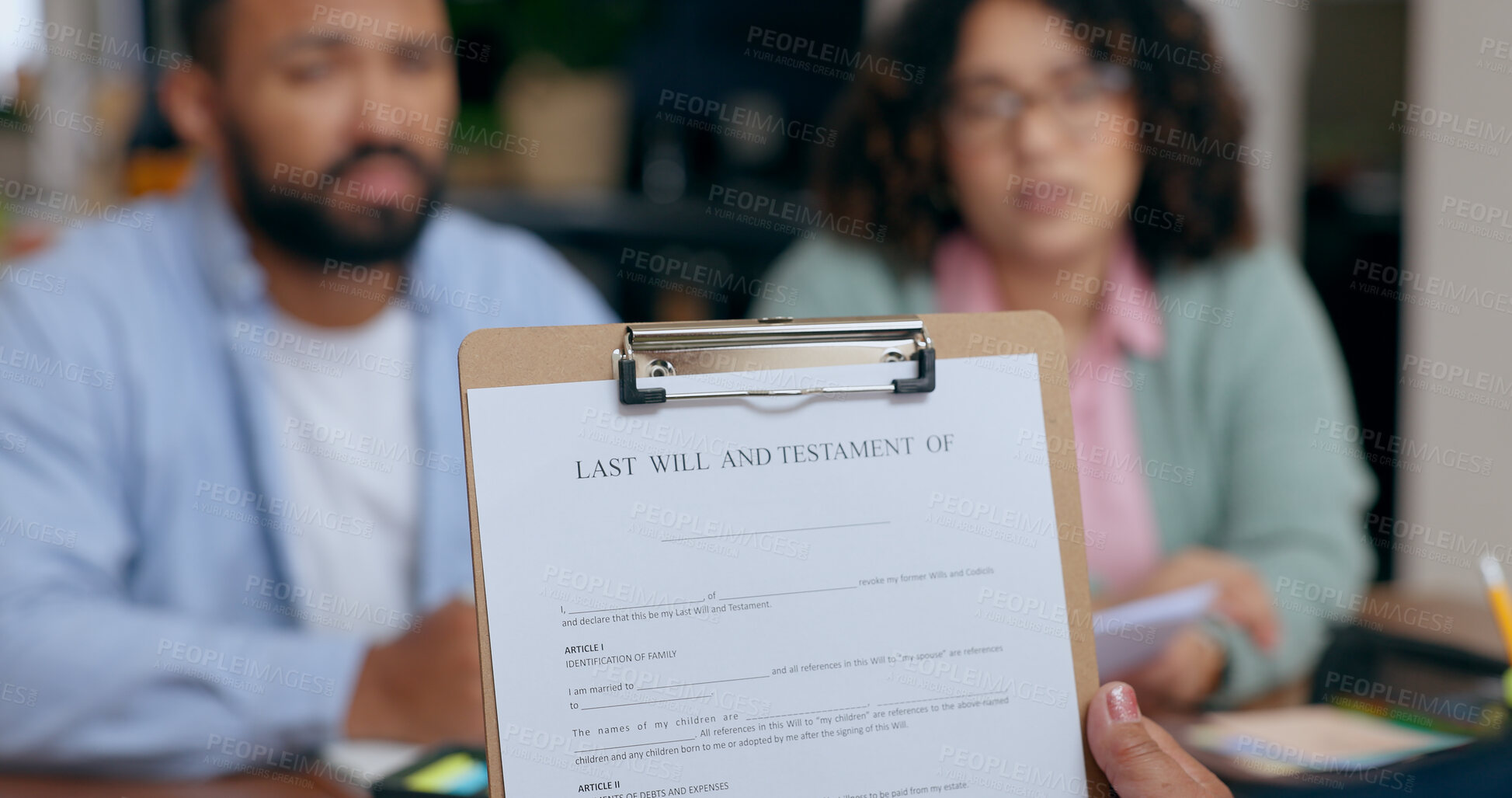 Buy stock photo Closeup, hand and last will for document in office for testament, insurance or future planning. Funeral, death and preparation of married couple in home for protection, security of safety of family