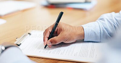 Closeup, hand and pen for clipboard in office for writing on legal form, compliance or application. Male person, lawyer or document for information, reading or agreement by contract paperwork on desk