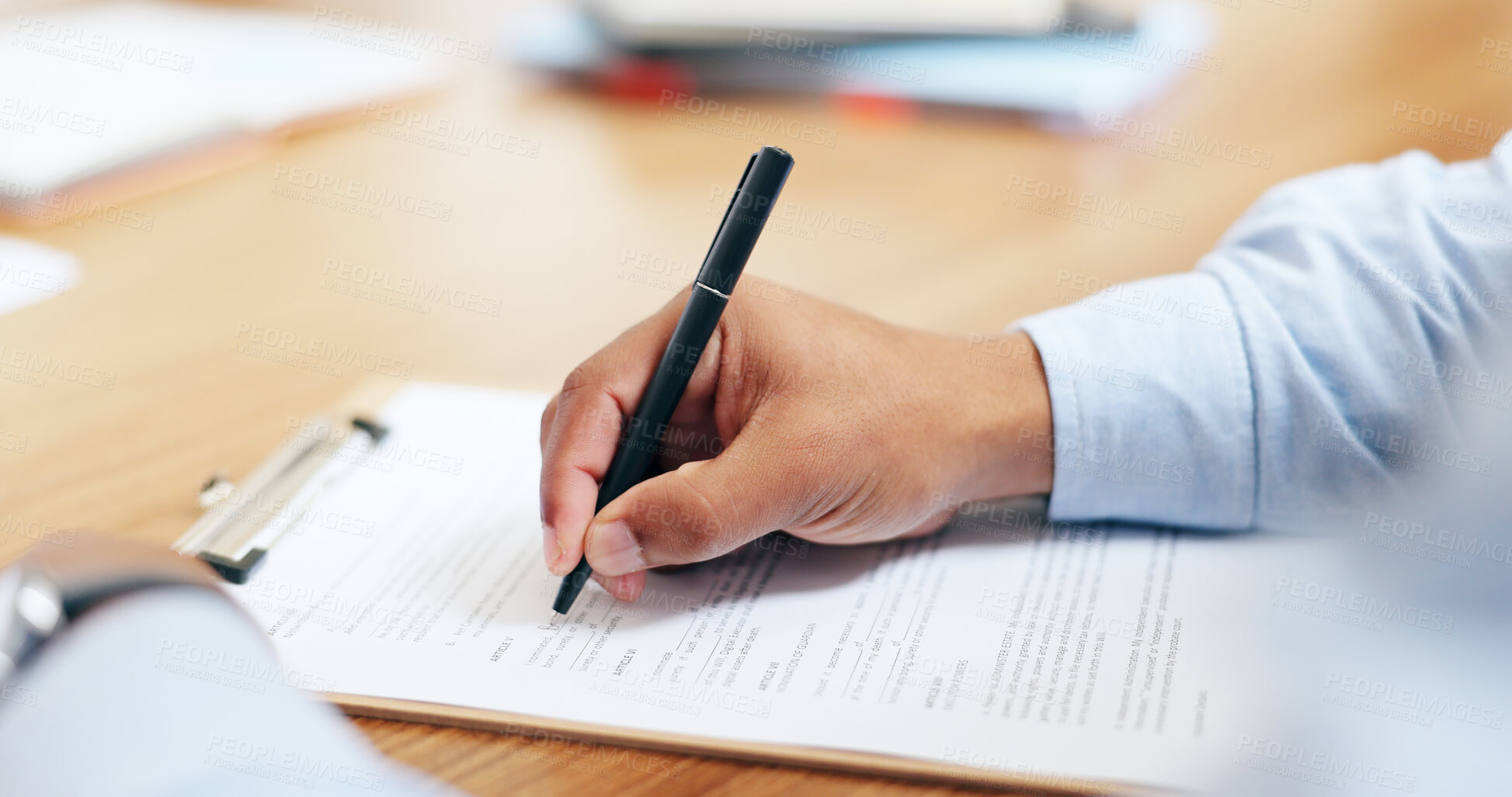 Buy stock photo Closeup, hand and signature for clipboard in office for writing on legal form, compliance or application. Person, lawyer or document by information, reading or agreement by contract paperwork on desk