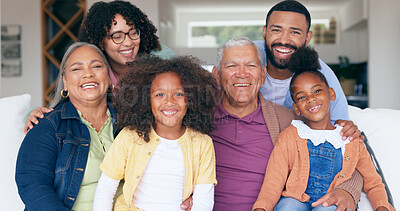 Buy stock photo Big family in portrait with kids on sofa, bonding together for love and memory in home. Face of grandparents, parents and children on couch in living room with smile, relax with happiness and trust