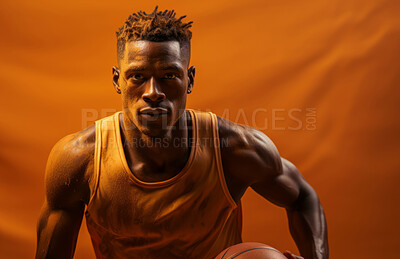 Basketball player, sports and training with fitness man holding ball ready to shoot or throw while posing in an indoors studio. Athlete doing exercise or professional match for health and wellness.