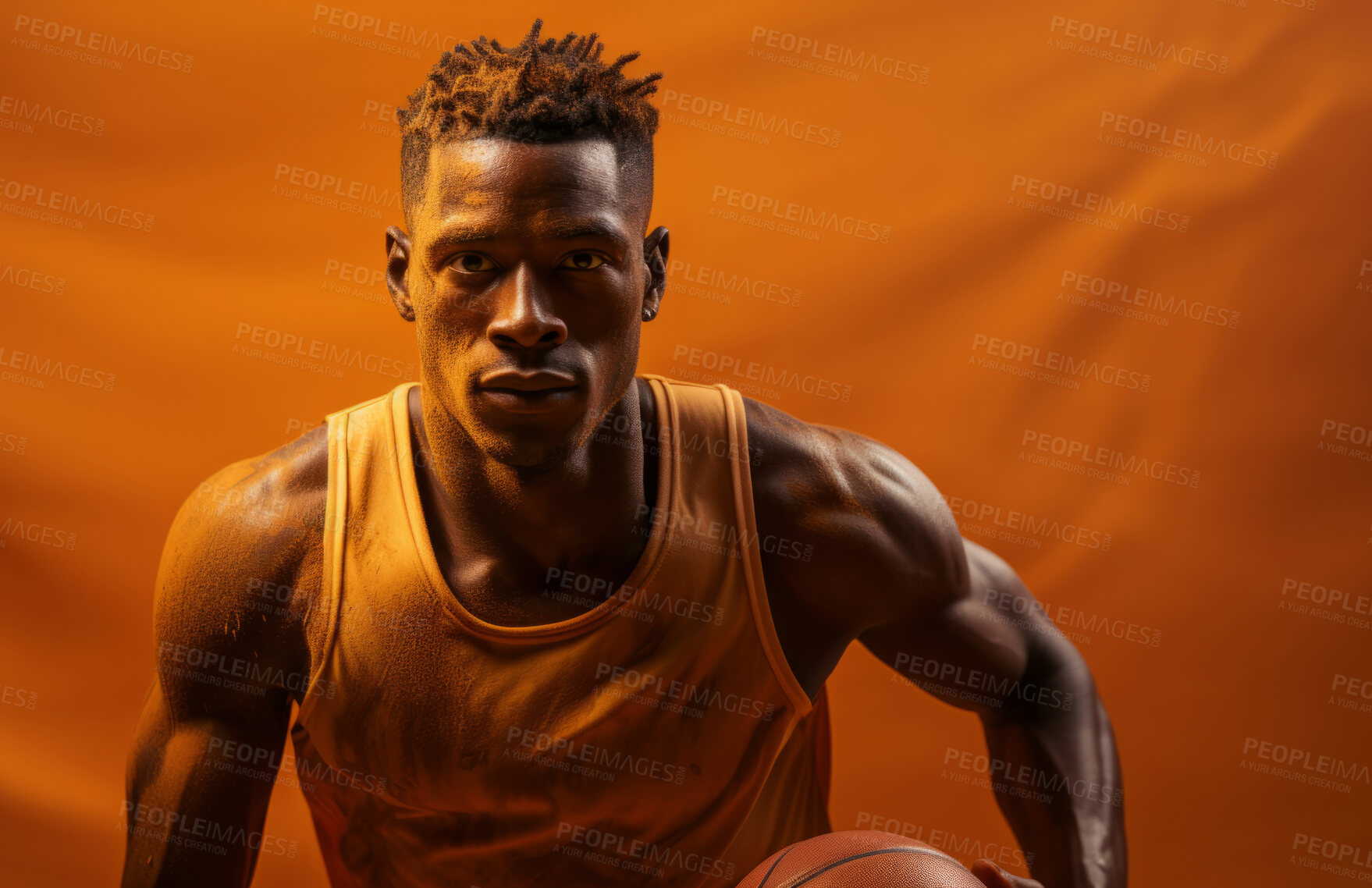 Buy stock photo Basketball player, sports and training with fitness man holding ball ready to shoot or throw while posing in an indoors studio. Athlete doing exercise or professional match for health and wellness.