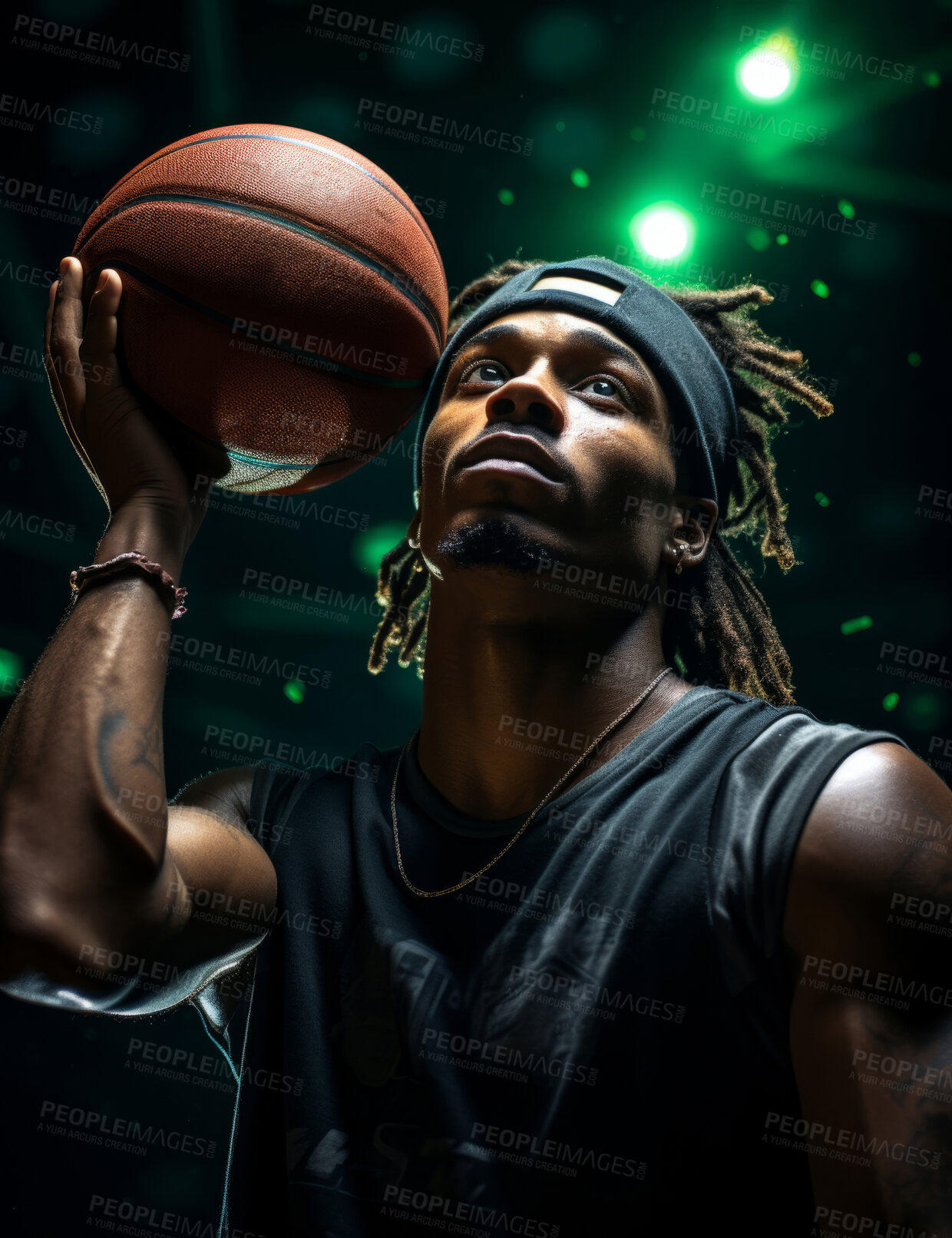 Buy stock photo Basketball player, sports and training with fitness man holding ball ready to shoot or throw while playing at an indoors court. Serious athlete doing exercise or professional  match for health and wellness.