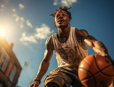 Basketball player, sports and training with fitness man holding ball ready to shoot or throw while playing at an outdoor court. Serious athlete doing exercise or active hobby for health and wellness.