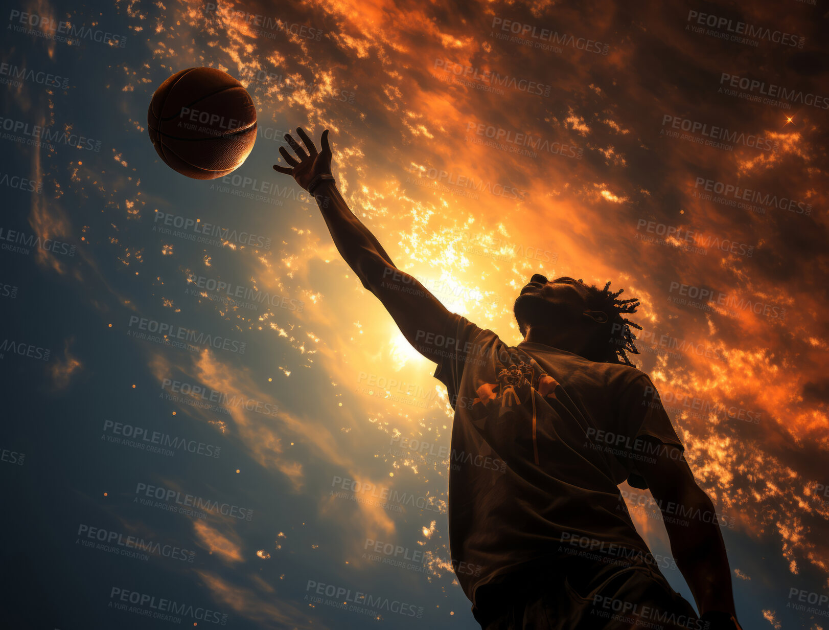 Buy stock photo Sports, golden sky and basketball player jump for game, competition or slam dunk training, practice or workout. High energy, motivation and basketball player doing fitness or exercise low angle view.