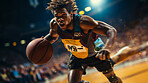 Basketball player, sports and training with fitness man holding ball ready to shoot or throw while playing at an indoors court. Athlete doing exercise or professional match for health and wellness.