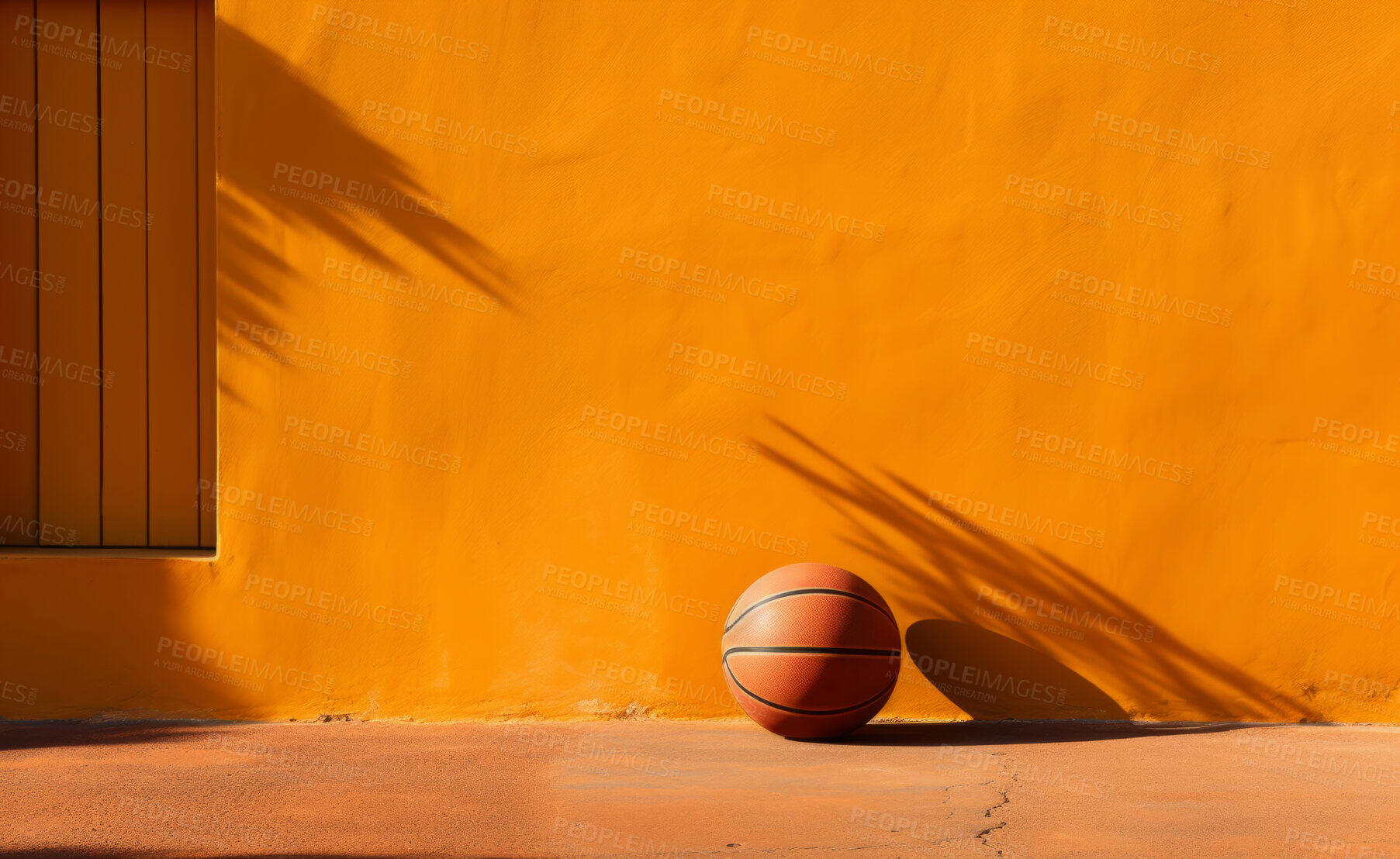 Buy stock photo Basketball, outdoor and wall
with ball on urban street for athletic competition or recreation low angle. Exercise, cardio and basketball court ground with basket board for sports, match or workout.