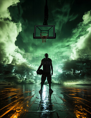 Basketball player, sports and training with fitness man holding ball ready to shoot while posing in a studio with cloud background. Athlete exercising or professional match for health and wellness.