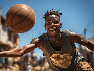 Happy basketball player, sports and training with fitness man holding ball ready to shoot or throw while playing at an outdoor court. Athlete doing exercise or active hobby for health and wellness.
