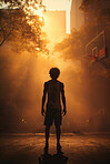 Basketball player, sports and training with fitness man in front of hoop ready to shoot, throw and silhouette on outdoor sunset court. Athlete, exercise or professional match for wellness health.