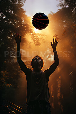 Silhouette basketball player, sports and training with fitness man tossing ball ready to shoot or throw while playing at court. Athlete doing exercise or active hobby for health and wellness.