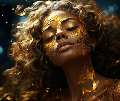 Beauty, glitter and african american woman with gold makeup on black background with art, paint and cosmetics. Shine, glow and model in studio for facial fashion, aesthetic freedom and luxury skincare.