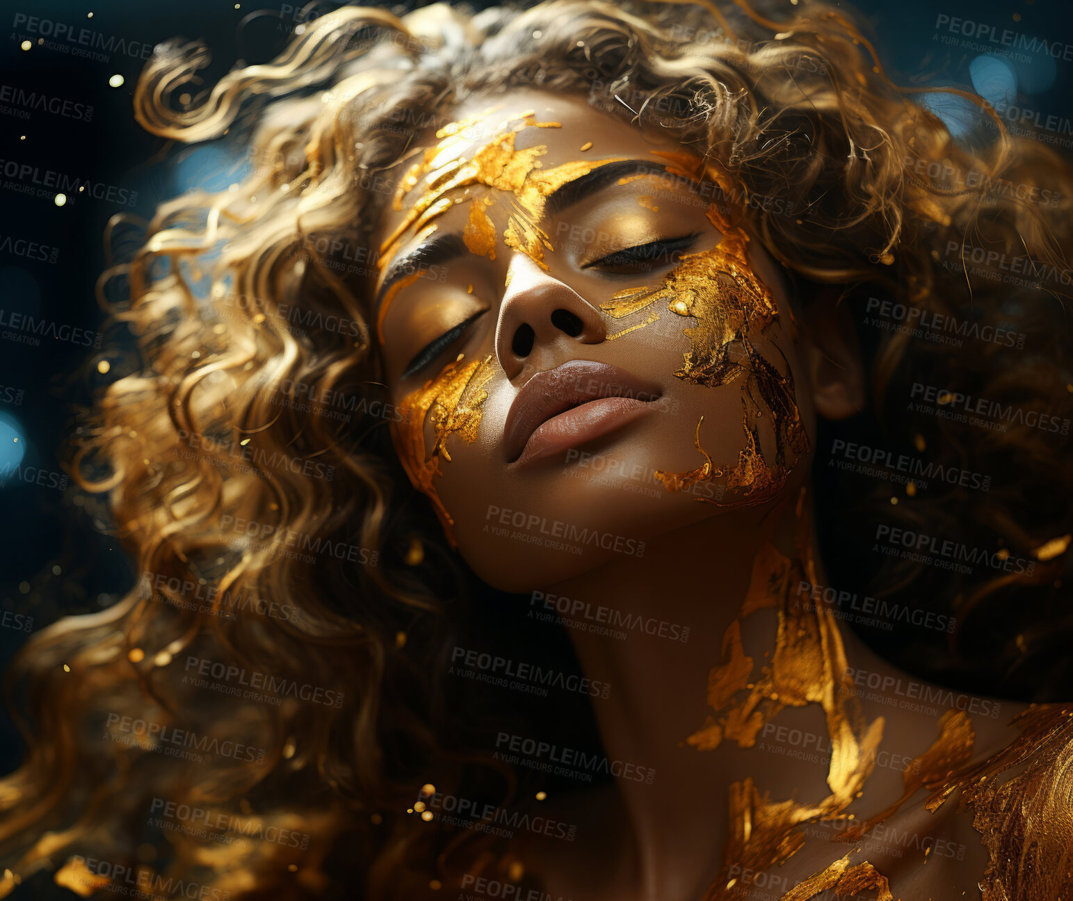 Buy stock photo Beauty, glitter and african american woman with gold makeup on black background with art, paint and cosmetics. Shine, glow and model in studio for facial fashion, aesthetic freedom and luxury skincare.