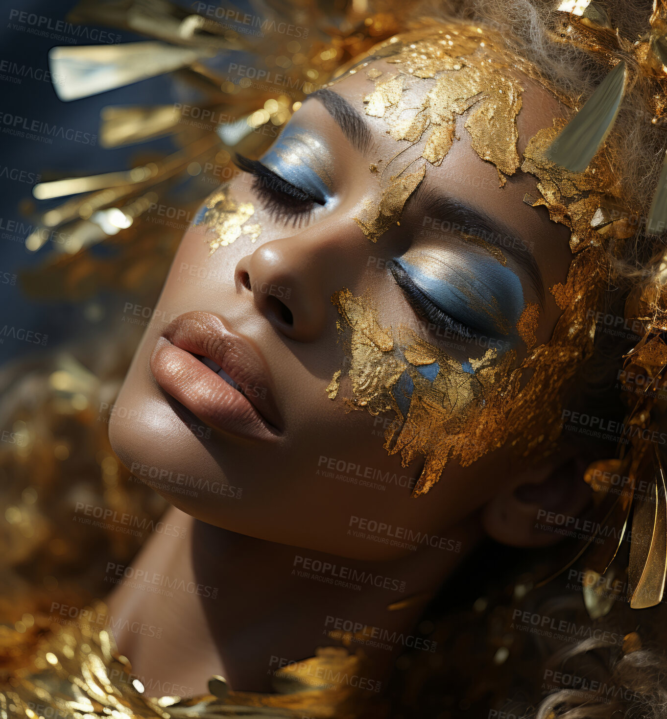 Buy stock photo Beauty, glitter and african american woman with gold makeup on black background with art, paint and cosmetics. Shine, glow and model in studio for facial fashion, aesthetic freedom and luxury skincare.