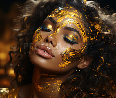 Beauty, glitter and african american woman with gold makeup on black background with art, paint and cosmetics. Shine, glow and model in studio for facial fashion, aesthetic freedom and luxury skincare.
