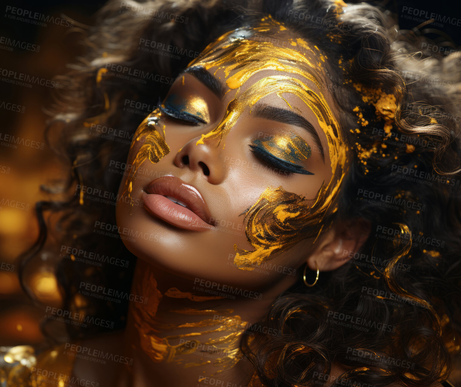 Buy stock photo Beauty, glitter and african american woman with gold makeup on black background with art, paint and cosmetics. Shine, glow and model in studio for facial fashion, aesthetic freedom and luxury skincare.