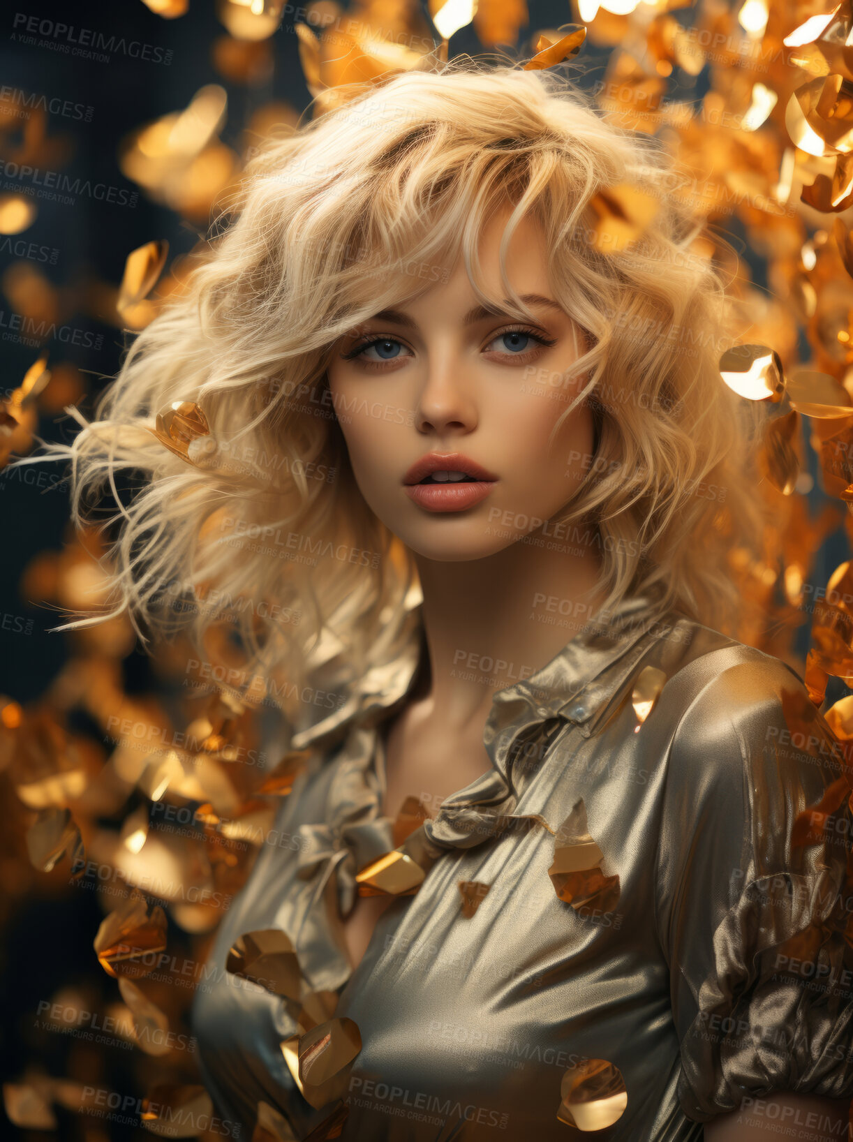 Buy stock photo Beauty, glitter and blond woman with gold makeup on black background with art, paint and cosmetics. Shine, glow and model in studio for facial fashion, aesthetic freedom and luxury skincare.