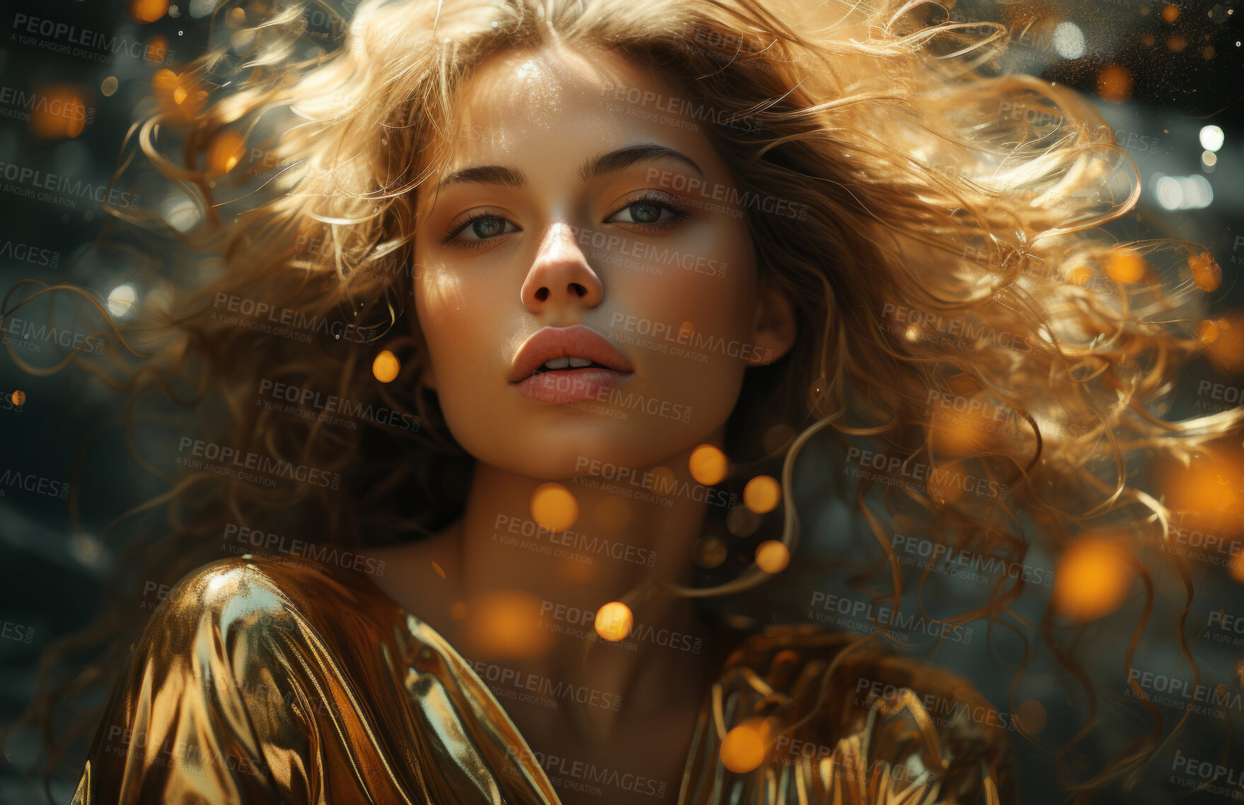 Buy stock photo Beauty, glitter and attractive woman with gold makeup on black background with art, paint and cosmetics. Shine, glow and model in studio for facial fashion, aesthetic freedom and luxury skincare.