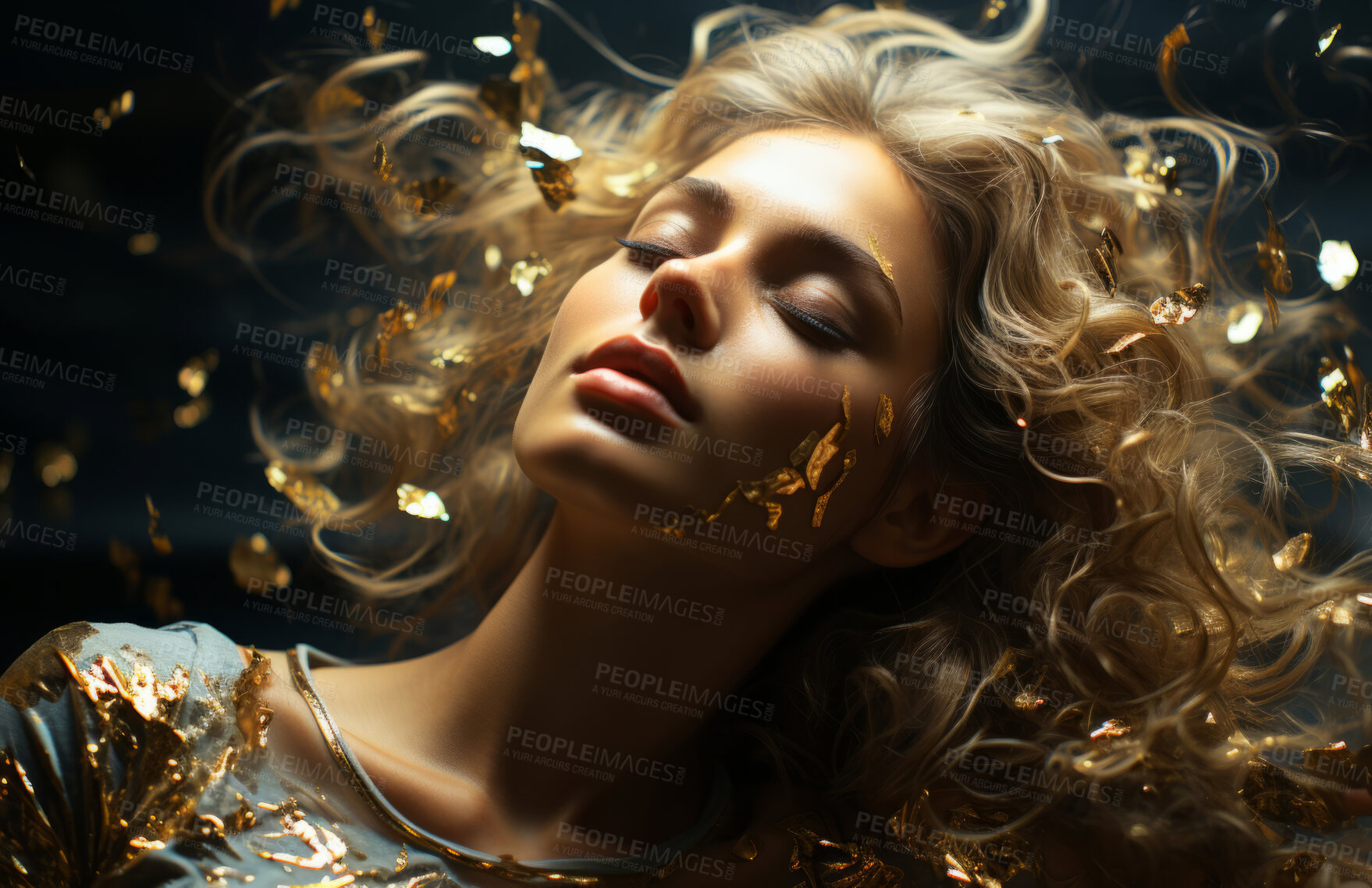 Buy stock photo Beauty, glitter and attractive woman with gold makeup on black background with art, paint and cosmetics. Shine, glow and model in studio for facial fashion, aesthetic freedom and luxury skincare.