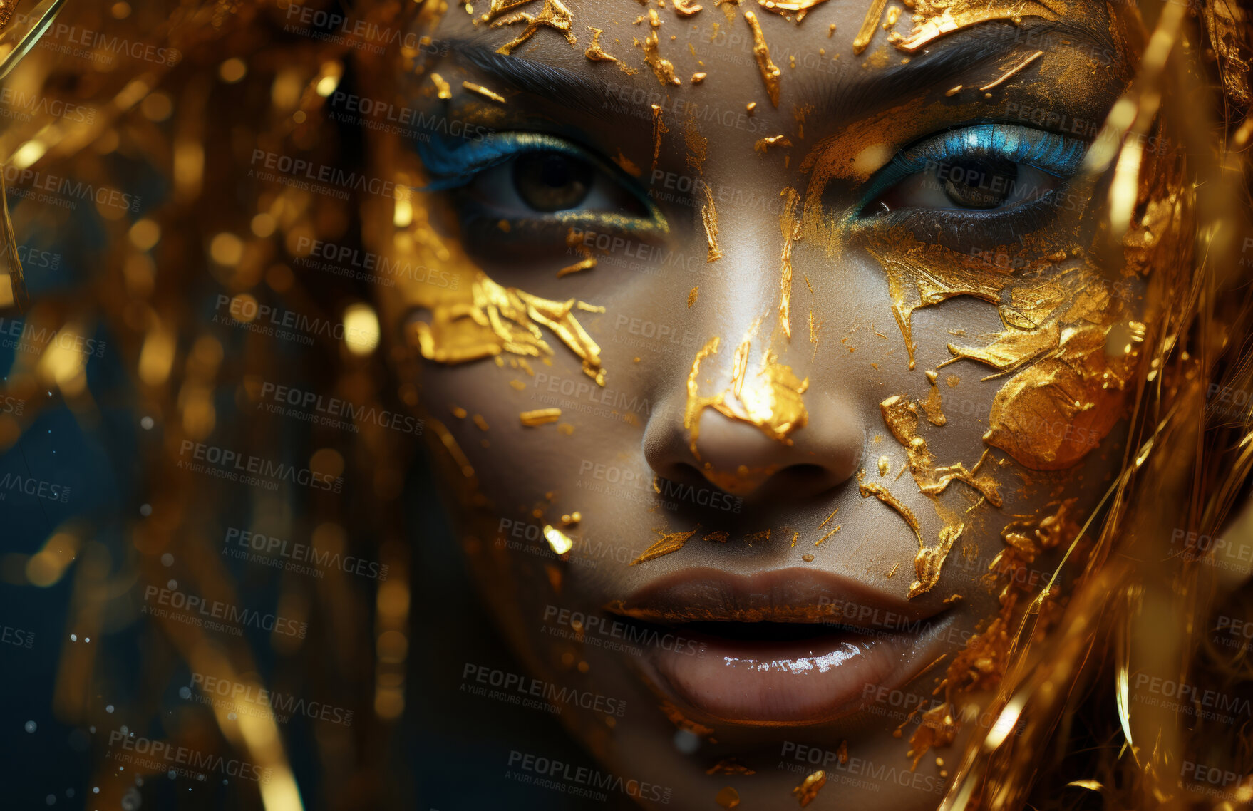 Buy stock photo Beauty, glitter and african woman with gold makeup on black background with art, paint and cosmetics. Shine, glow and model in studio for facial fashion, aesthetic freedom and luxury skincare.