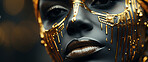 Beauty, glitter and african woman with gold makeup on black background with art, paint and cosmetics. Shine, glow and model in studio for facial fashion, aesthetic freedom and luxury skincare.