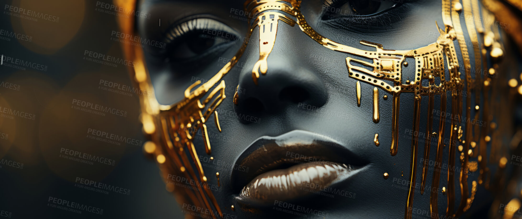 Buy stock photo Beauty, glitter and african woman with gold makeup on black background with art, paint and cosmetics. Shine, glow and model in studio for facial fashion, aesthetic freedom and luxury skincare.