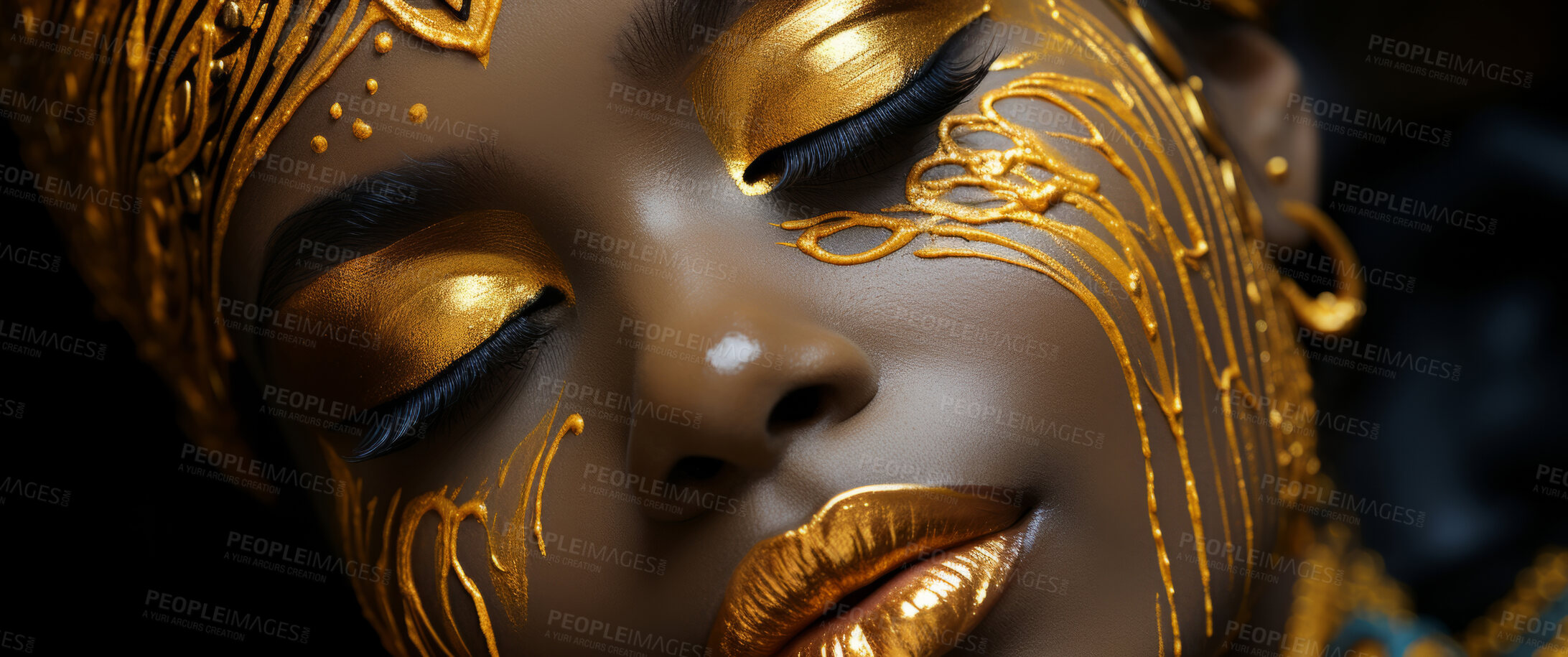 Buy stock photo Beauty, glitter and african woman with gold makeup on black background with art, paint and cosmetics. Shine, glow and model in studio for facial fashion, aesthetic freedom and luxury skincare.