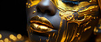 Beauty, glitter and african woman with gold makeup on black background with art, paint and cosmetics. Shine, glow and model in studio for facial fashion, aesthetic freedom and luxury skincare.